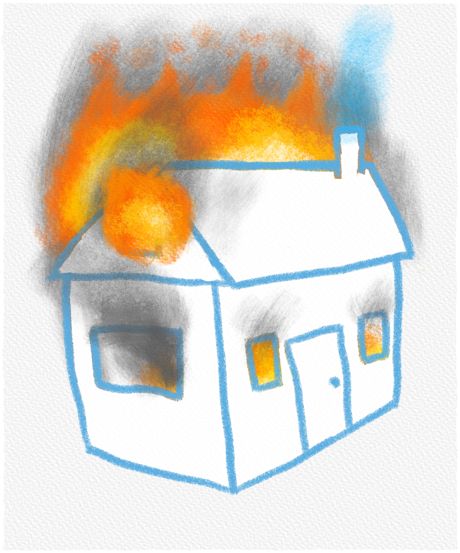 A piece of paper, showing a crudely drawn cabin on fire. Smoke billows from the windows.